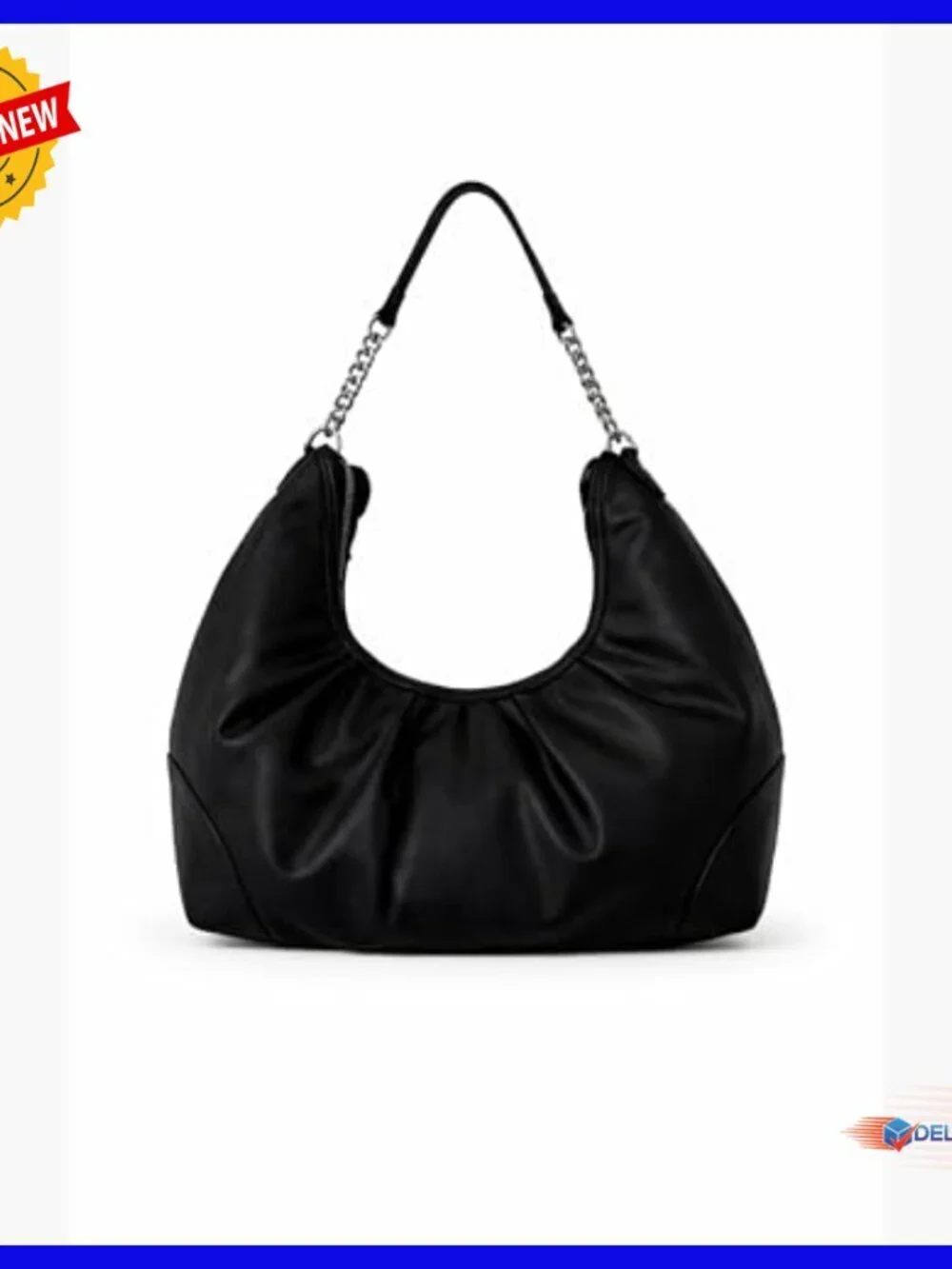 Medium Hobo Satchel with Chain Strap Rhinestone Logo Faux Leather